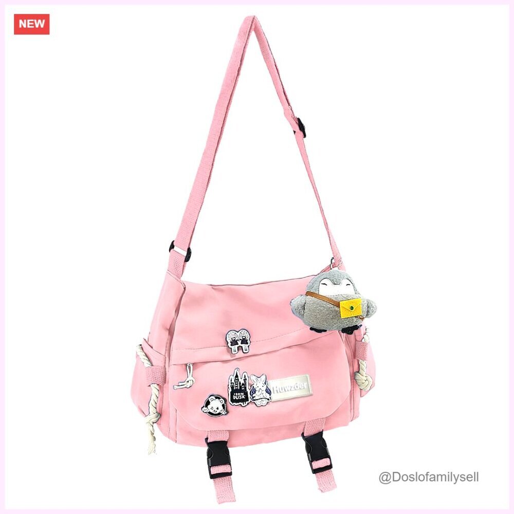 Nylon Messenger Crossbody Bag with Pins, Adjustable Strap, 7.5L Capacity